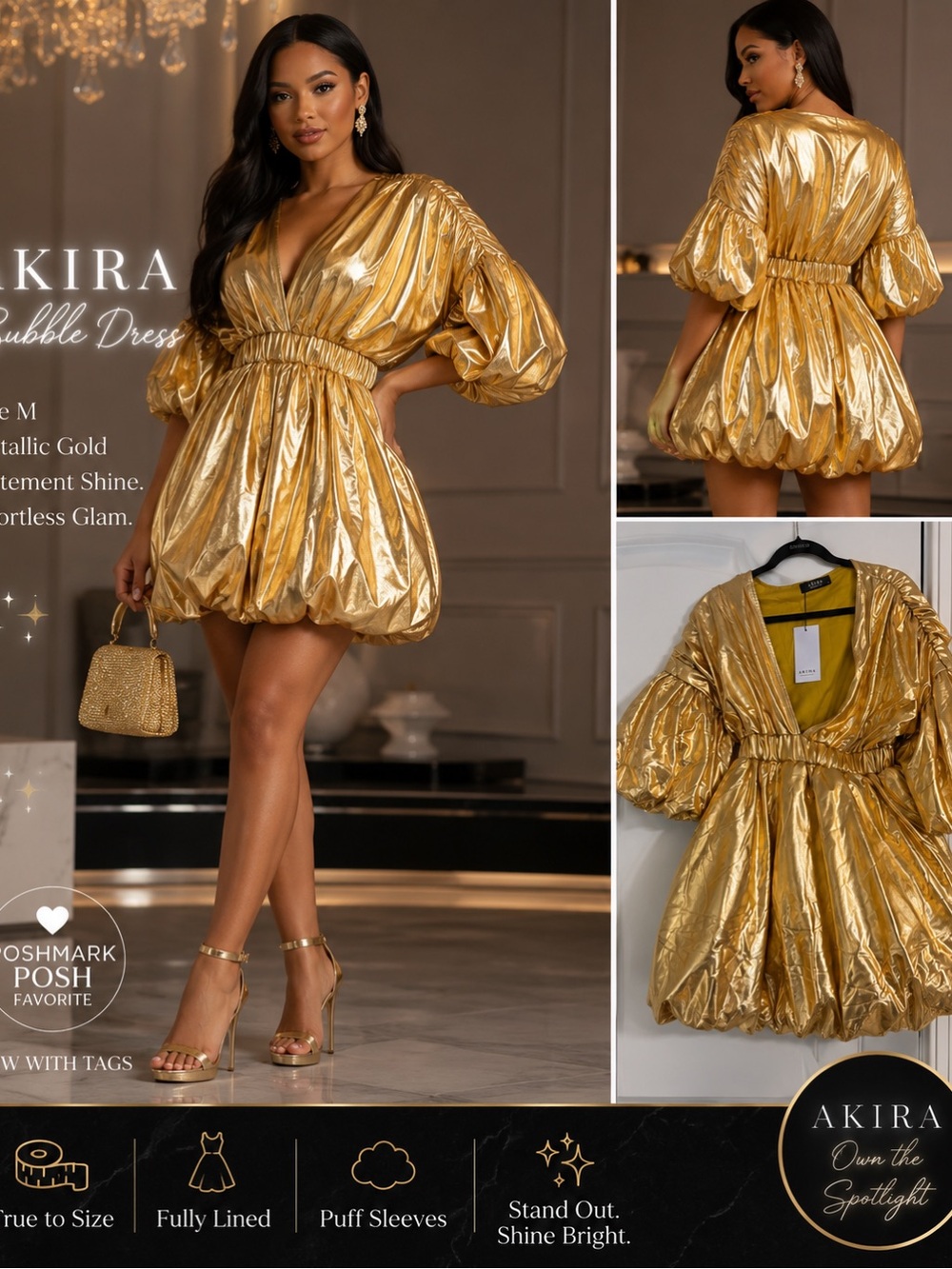 AKIRA Metallic Gold Puff-Sleeve Bubble Mini Dress